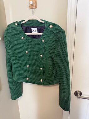 Zara Women's Emerald Green Cropped Double-Breasted Jacket